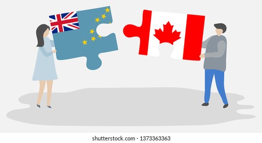 Couple holding two puzzles pieces with Tuvaluan and Canadian flags. Tuvalu and Canada national symbols together.