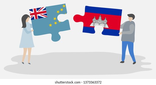 Couple holding two puzzles pieces with Tuvaluan and Cambodian flags. Tuvalu and Cambodia national symbols together.