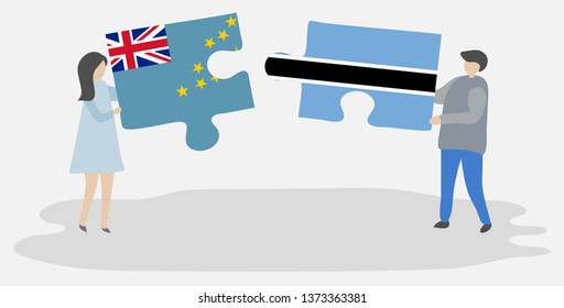 Couple holding two puzzles pieces with Tuvaluan and Motswana flags. Tuvalu and Botswana national symbols together.