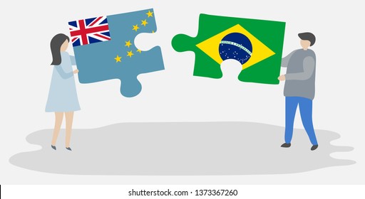 Couple holding two puzzles pieces with Tuvaluan and Brazilian flags. Tuvalu and Brazil national symbols together.