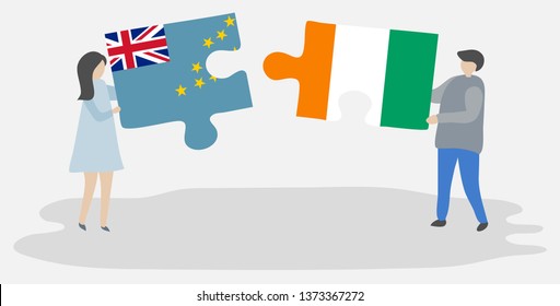 Couple holding two puzzles pieces with Tuvaluan and Ivorian flags. Tuvalu and Ivory Coast national symbols together.