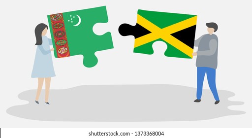 Couple holding two puzzles pieces with Turkmen and Jamaican flags. Turkmenistan and Jamaica national symbols together.