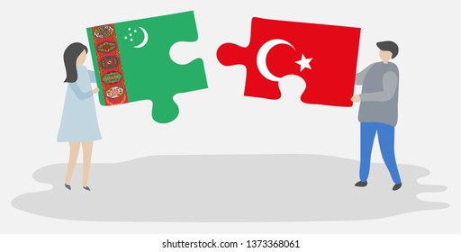 Couple holding two puzzles pieces with Turkmen and Turkish flags. Turkmenistan and Turkey national symbols together.