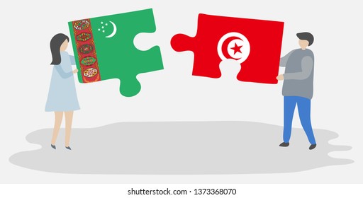 Couple holding two puzzles pieces with Turkmen and Tunisian flags. Turkmenistan and Tunisia national symbols together.