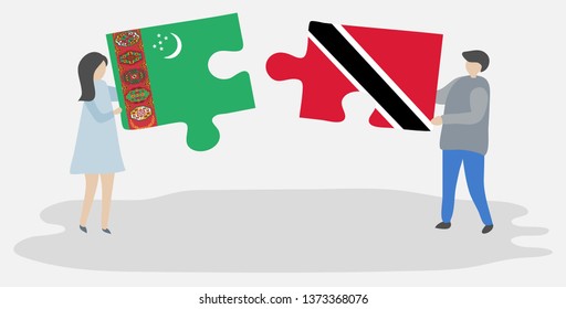 Couple holding two puzzles pieces with Turkmen and Trinidadian flags. Turkmenistan and Trinidad and Tobago national symbols together.