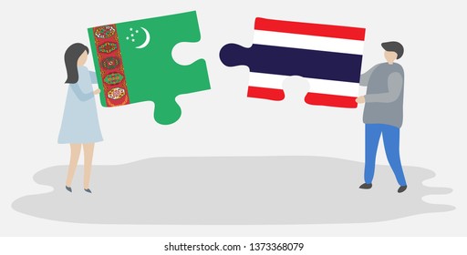 Couple holding two puzzles pieces with Turkmen and Thai flags. Turkmenistan and Thailand national symbols together.