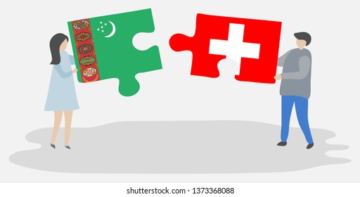 Couple holding two puzzles pieces with Turkmen and Swiss flags. Turkmenistan and Switzerland national symbols together.