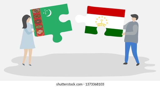 Couple holding two puzzles pieces with Turkmen and Tajikistani flags. Turkmenistan and Tajikistan national symbols together.