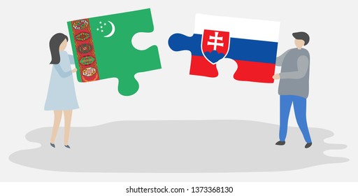 Couple holding two puzzles pieces with Turkmen and Slovak flags. Turkmenistan and Slovakia national symbols together.