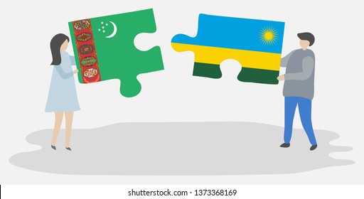 Couple holding two puzzles pieces with Turkmen and Rwandan flags. Turkmenistan and Rwanda national symbols together.