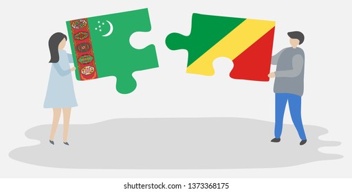 Couple holding two puzzles pieces with Turkmen and Congolese flags. Turkmenistan and Republic of the Congo national symbols together.