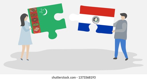 Couple holding two puzzles pieces with Turkmen and Paraguayan flags. Turkmenistan and Paraguay national symbols together.