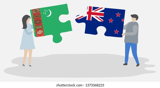 Couple holding two puzzles pieces with Turkmen and NZ flags. Turkmenistan and New Zealand national symbols together.