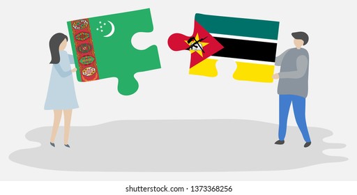 Couple holding two puzzles pieces with Turkmen and Mozambican flags. Turkmenistan and Mozambique national symbols together.