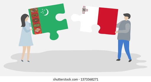 Couple holding two puzzles pieces with Turkmen and Maltese flags. Turkmenistan and Malta national symbols together.