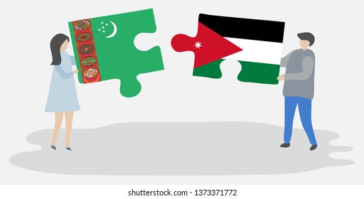 Couple holding two puzzles pieces with Turkmen and Jordanian flags. Turkmenistan and Jordan national symbols together.