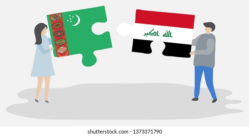 Couple holding two puzzles pieces with Turkmen and Iraqi flags. Turkmenistan and Iraq national symbols together.