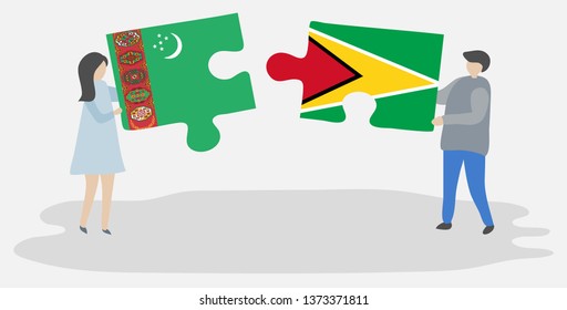 Couple holding two puzzles pieces with Turkmen and Guyanese flags. Turkmenistan and Guyana national symbols together.