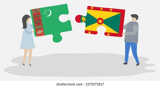 Couple holding two puzzles pieces with Turkmen and Grenadian flags. Turkmenistan and Grenada national symbols together.