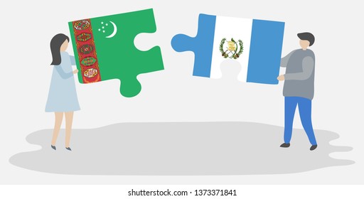 Couple holding two puzzles pieces with Turkmen and Guatemalan flags. Turkmenistan and Guatemala national symbols together.