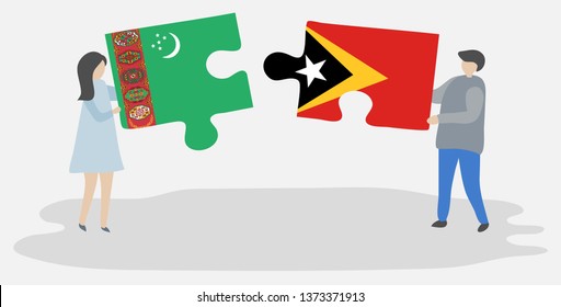 Couple holding two puzzles pieces with Turkmen and Timorese flags. Turkmenistan and East Timor national symbols together.