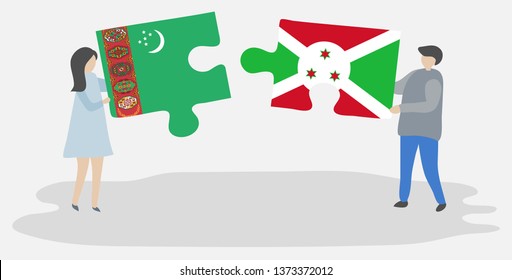 Couple holding two puzzles pieces with Turkmen and Burundian flags. Turkmenistan and Burundi national symbols together.