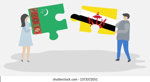 Couple holding two puzzles pieces with Turkmen and Bruneian flags. Turkmenistan and Brunei national symbols together.