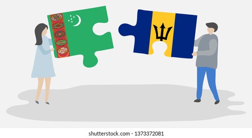 Couple holding two puzzles pieces with Turkmen and Barbadian flags. Turkmenistan and Barbados national symbols together.