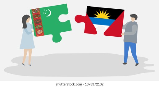 Couple holding two puzzles pieces with Turkmen and Antiguan flags. Turkmenistan and Antigua and Barbuda national symbols together.