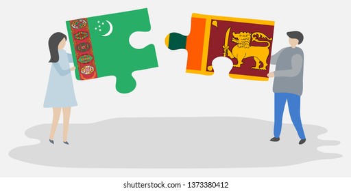 Couple holding two puzzles pieces with Turkmen and Sri Lankan flags. Turkmenistan and Sri Lanka national symbols together.