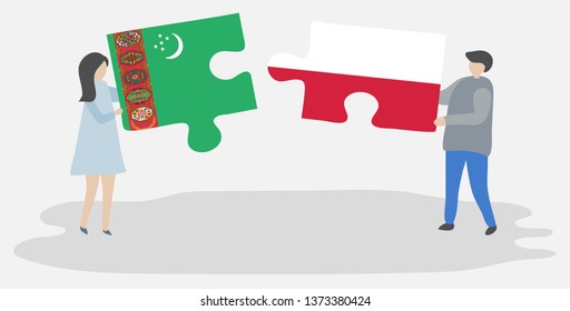Couple holding two puzzles pieces with Turkmen and Polish flags. Turkmenistan and Poland national symbols together.