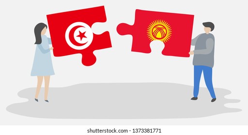 Couple holding two puzzles pieces with Tunisian and Kirgiz flags. Tunisia and Kyrgyzstan national symbols together.