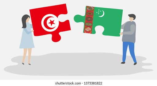 Couple holding two puzzles pieces with Tunisian and Turkmen flags. Tunisia and Turkmenistan national symbols together.