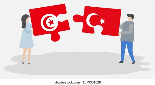 Couple holding two puzzles pieces with Tunisian and Turkish flags. Tunisia and Turkey national symbols together.