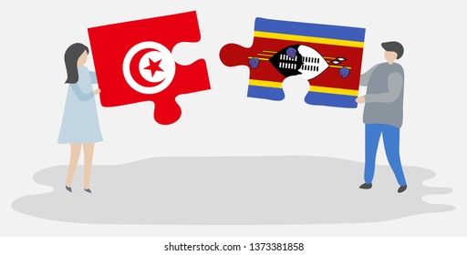 Couple holding two puzzles pieces with Tunisian and Swazi flags. Tunisia and Swaziland national symbols together.