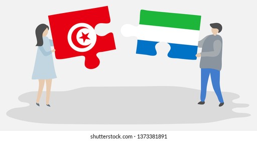 Couple holding two puzzles pieces with Tunisian and Sierra Leonean flags. Tunisia and Sierra Leone national symbols together.