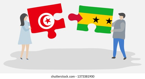 Couple holding two puzzles pieces with Tunisian and Sao Tomean flags. Tunisia and Sao Tome and Principe national symbols together.