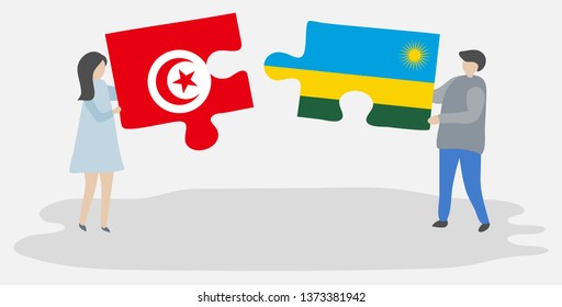Couple holding two puzzles pieces with Tunisian and Rwandan flags. Tunisia and Rwanda national symbols together.