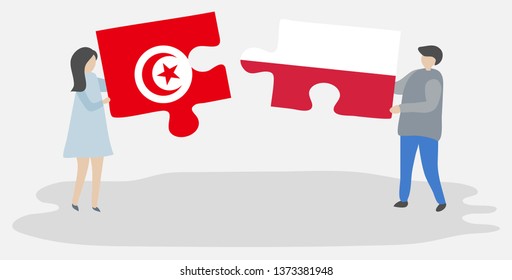 Couple holding two puzzles pieces with Tunisian and Polish flags. Tunisia and Poland national symbols together.