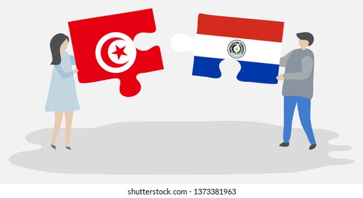 Couple holding two puzzles pieces with Tunisian and Paraguayan flags. Tunisia and Paraguay national symbols together.