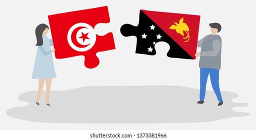 Couple holding two puzzles pieces with Tunisian and Papuan flags. Tunisia and Papua New Guinea national symbols together.