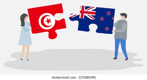 Couple holding two puzzles pieces with Tunisian and NZ flags. Tunisia and New Zealand national symbols together.