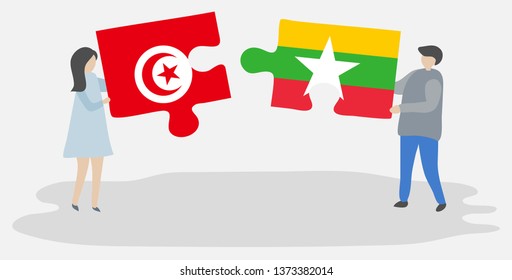 Couple holding two puzzles pieces with Tunisian and Burmese flags. Tunisia and Myanmar national symbols together.