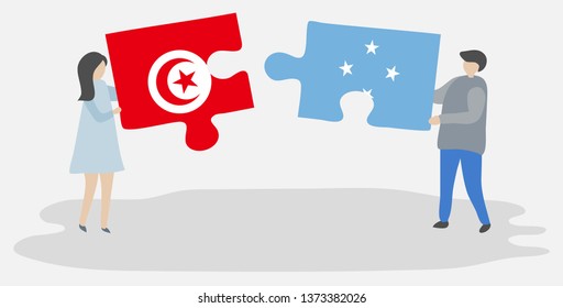 Couple holding two puzzles pieces with Tunisian and Micronesian flags. Tunisia and Micronesia national symbols together.
