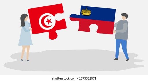 Couple holding two puzzles pieces with Tunisian and Liechtenstein flags. Tunisia and Liechtenstein national symbols together.