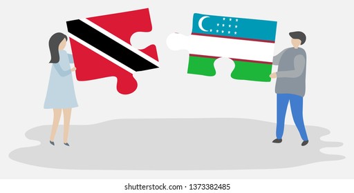 Couple holding two puzzles pieces with Trinidadian and Uzbek flags. Trinidad and Tobago and Uzbekistan national symbols together.