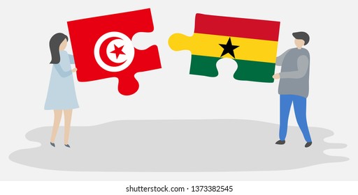 Couple holding two puzzles pieces with Tunisian and Ghanaian flags. Tunisia and Ghana national symbols together.