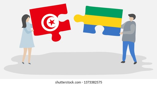 Couple holding two puzzles pieces with Tunisian and Gabonese flags. Tunisia and Gabon national symbols together.