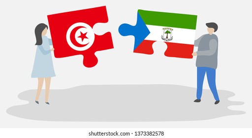 Couple holding two puzzles pieces with Tunisian and Equatorial Guinean flags. Tunisia and Equatorial Guinea national symbols together.