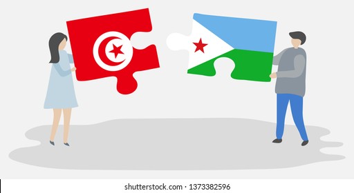 Couple holding two puzzles pieces with Tunisian and Djiboutian flags. Tunisia and Djibouti national symbols together.